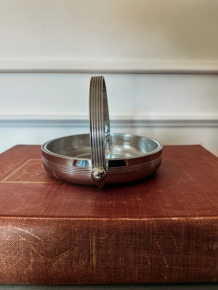 1930s Chase & Co. Small Divided Glass and Metal Duplex Nut Dish with Handle