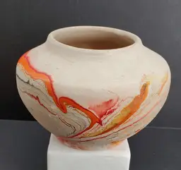 Vintage Nemadji Pottery Vase 4" x 6" Orange Yellow Red Black Swirl