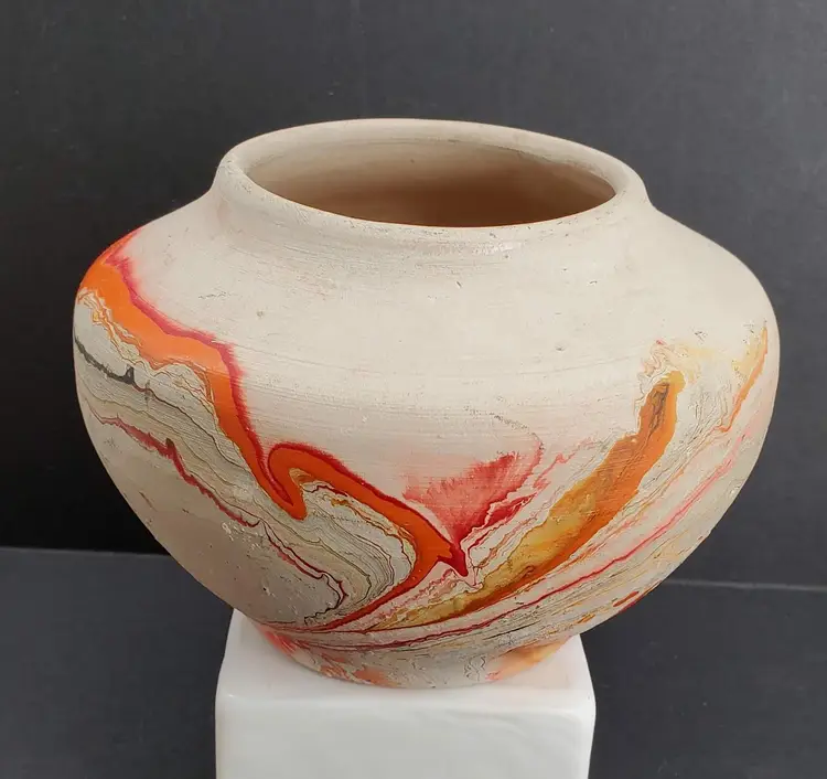 Vintage Nemadji Pottery Vase 4" x 6" Orange Yellow Red Black Swirl
