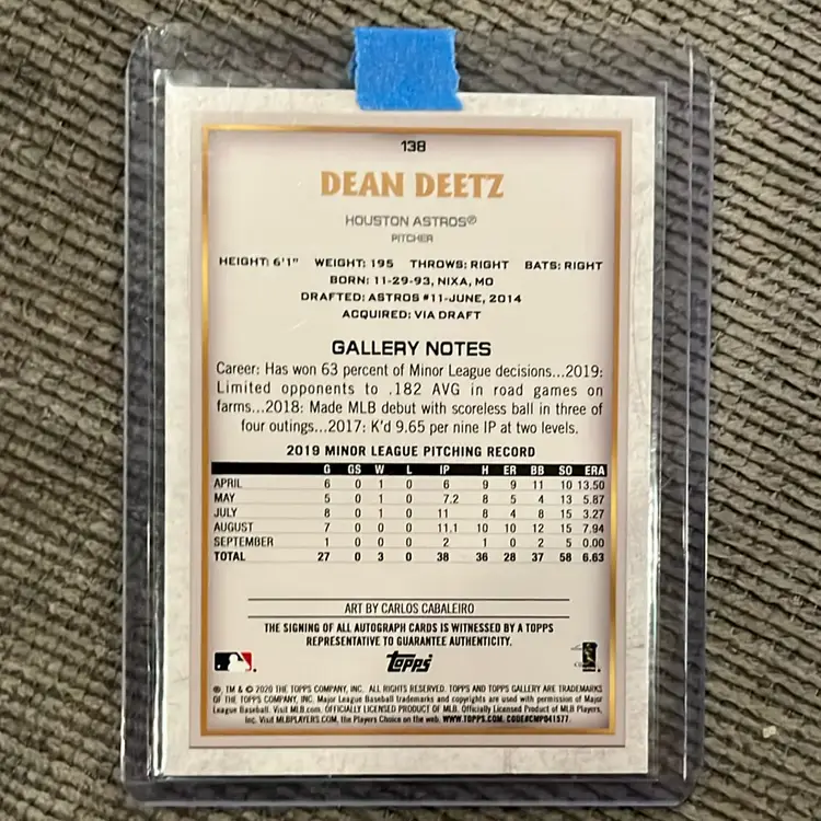 Dean Deetz Auto. Houston Astros. 2020 Topps Gallery