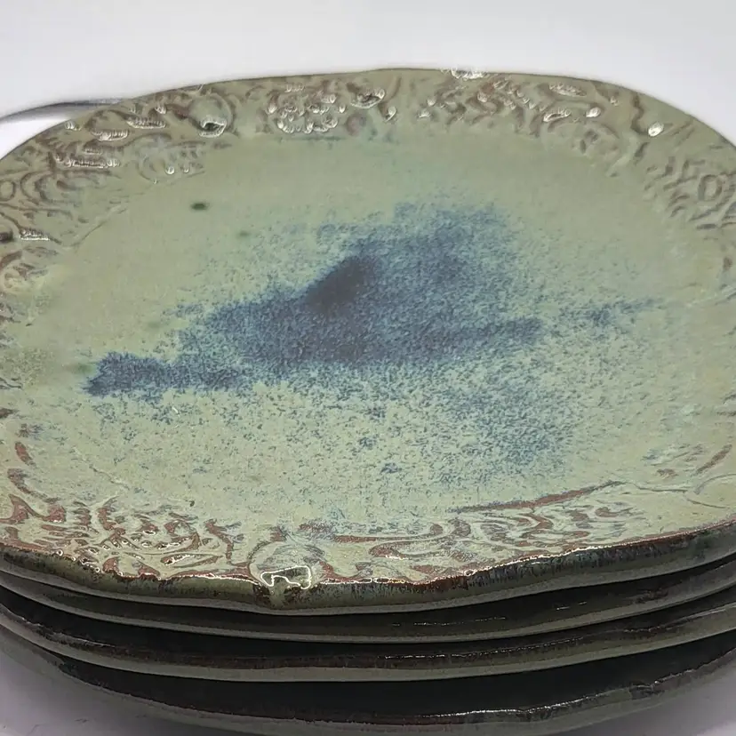 Handcrafted Green with Blue Highlights Redware Studio Pottery Pates 7 " set of 4 Signed "Cindy"