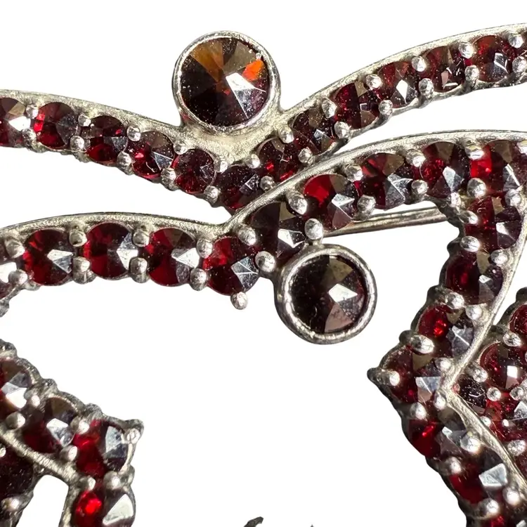 Antique Bohemian Garnet Sterling Butterfly Pin Brooch 1.5”