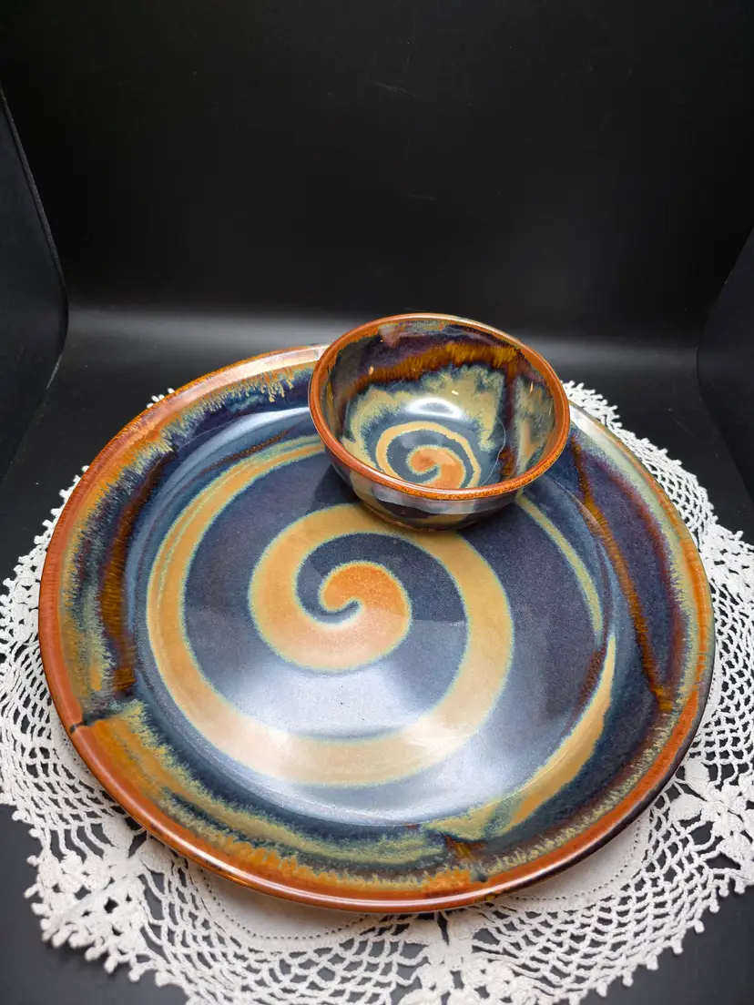 Cascadia Stoneware Brown, Blue and Tan Swirl Chip and Dip Plate