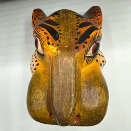 Mexican Folk Art Carved Wood Jaguar Leopard Head Face Mask