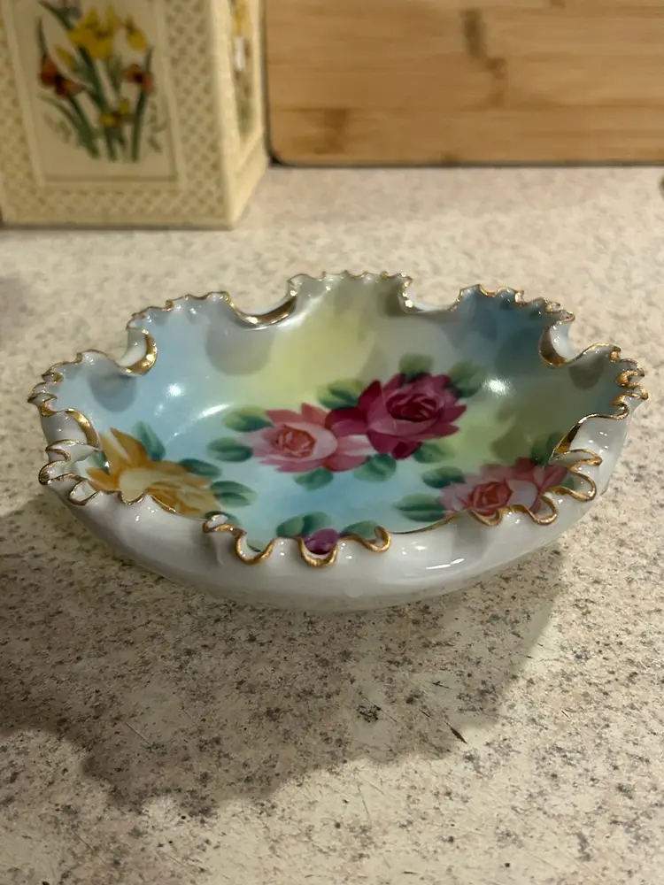 Vintage Hand Painted Trinket Candy Nut Dish Bowl Crimped Gilded Edge