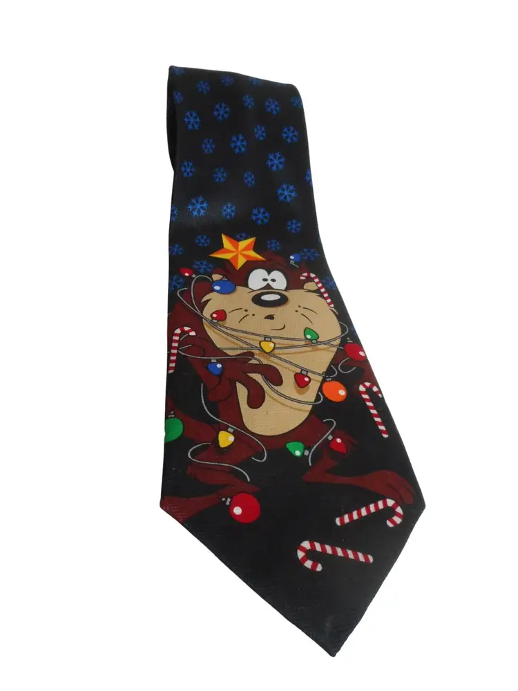 Vintage Looney Tunes Taz Tazmania Devil with lights on black Christmas tie necktie