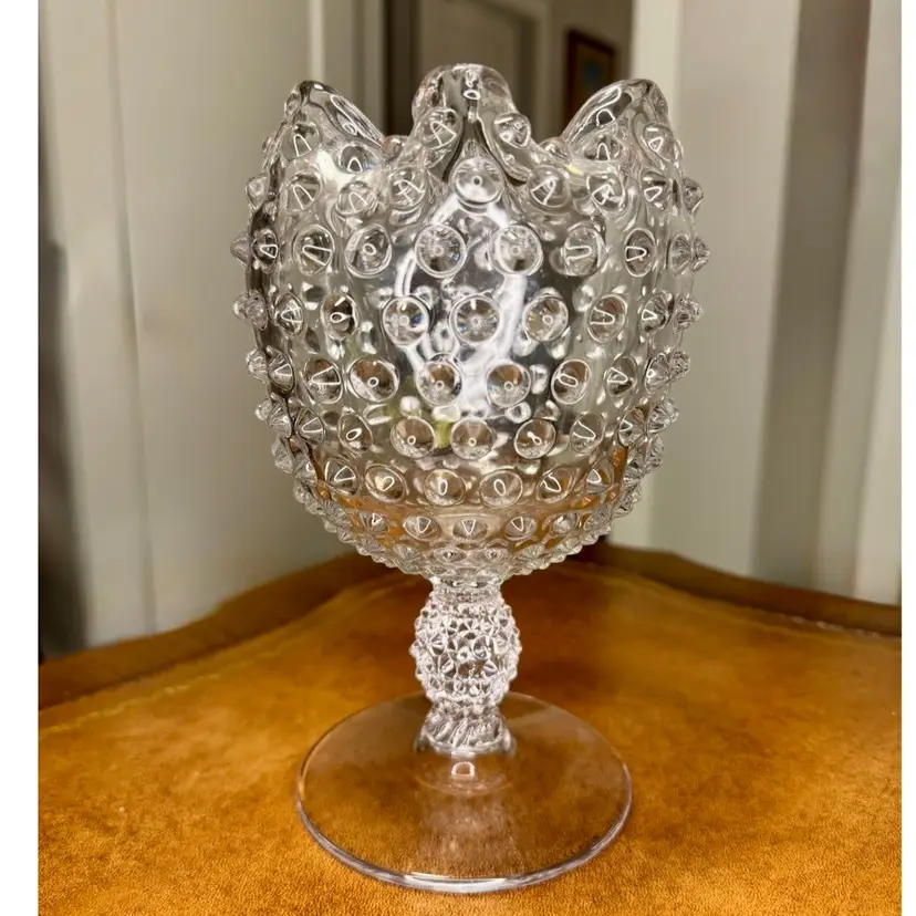 Duncan & Miller Clear Glass Hobnail Crimped Footed Vase Vintage