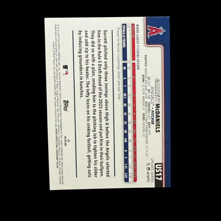 Garrett McDaniels 2025 Topps Update #US17 Rainbow Foil RC Los Angeles Angels