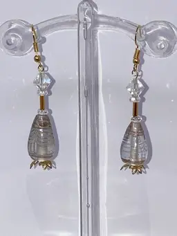 Pulled Feather Glass Beads 2 1/2” Drop Earrings! Gold Tone Fish Hooks.  Made By Me!