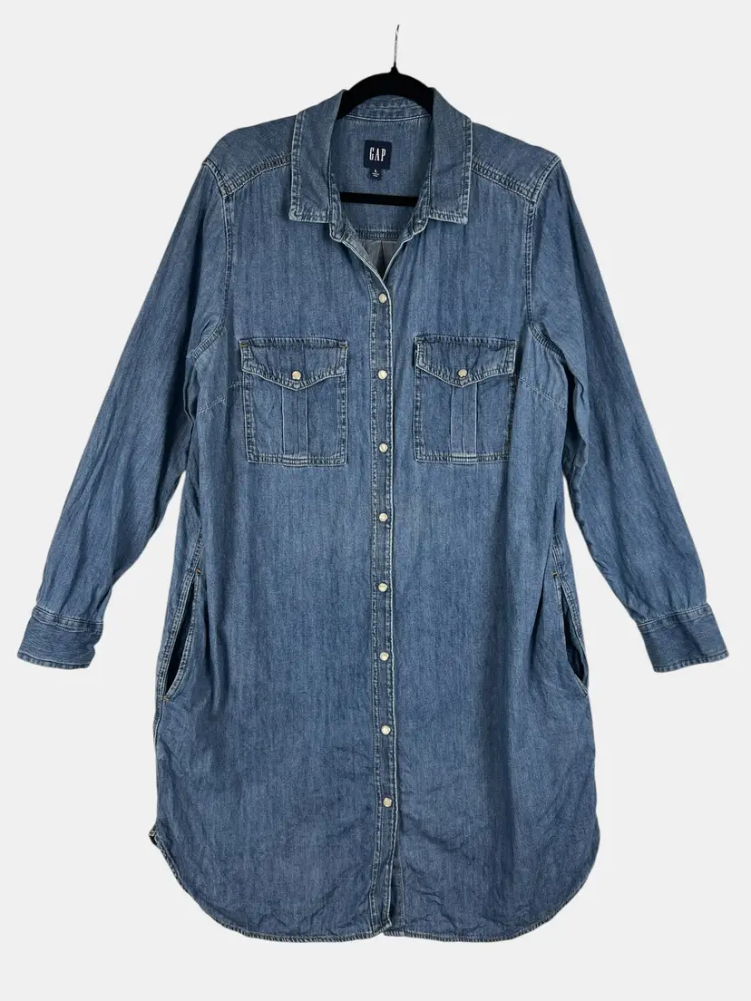 Gap Denim Shirt Dress Womens Large Snap Button Chambray Dress Pockets Casual