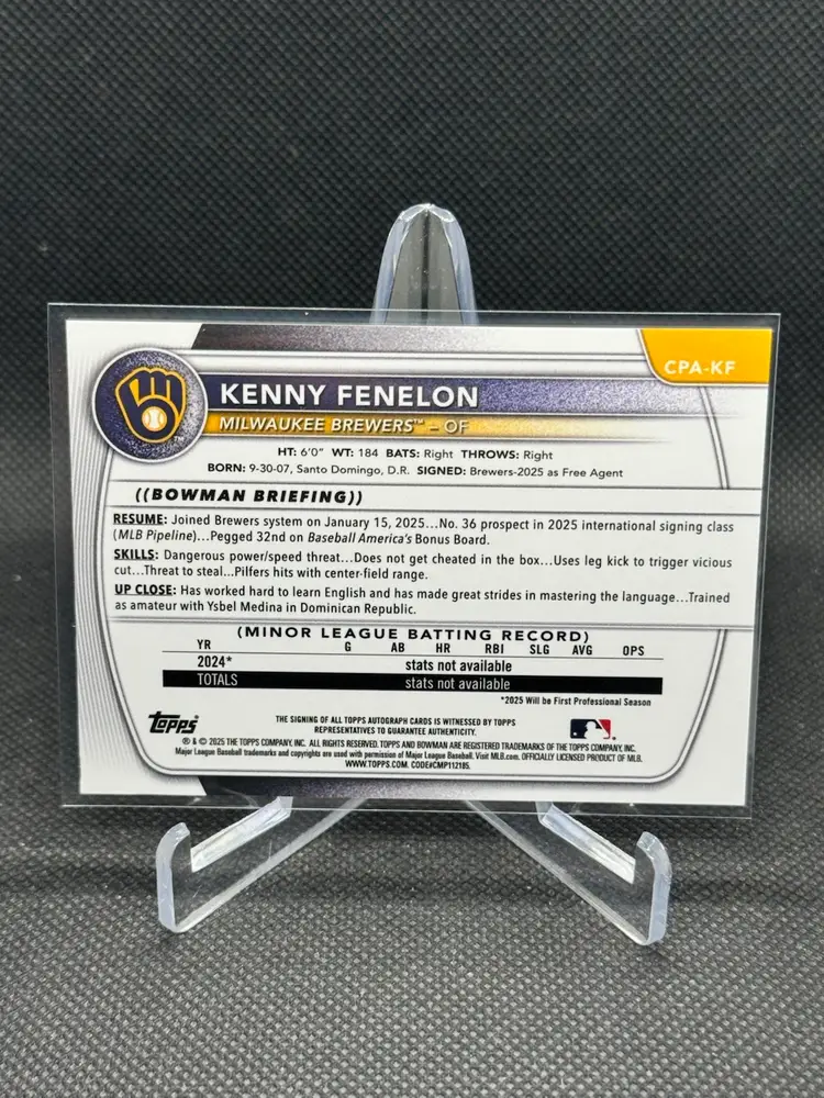 Kenny Fenelon 2025 Bowman Chrome 1ST Bowman Auto 68/150 Milwaukee Brewers