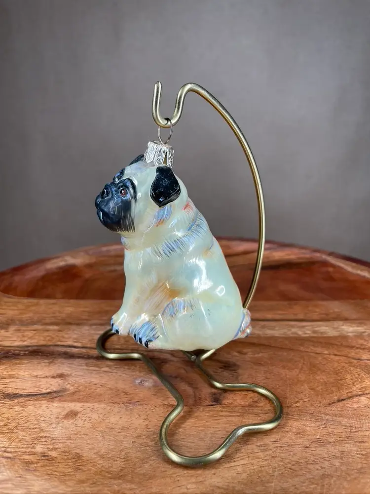 Fawn Pug Dog Animal Blown Glass Christmas Ornament Holiday Decoration With Wire "Bone" Stand
