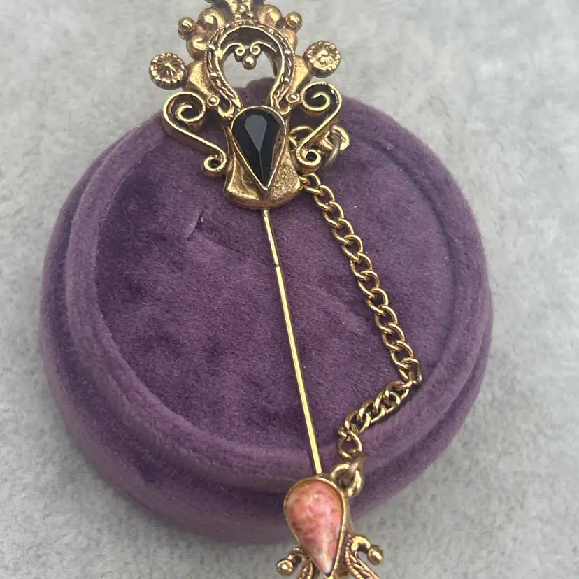 Vintage Florenza Gold Tone Stick Pin Ornate Dangle Brooch Black & Pink Stones Victorian Revival