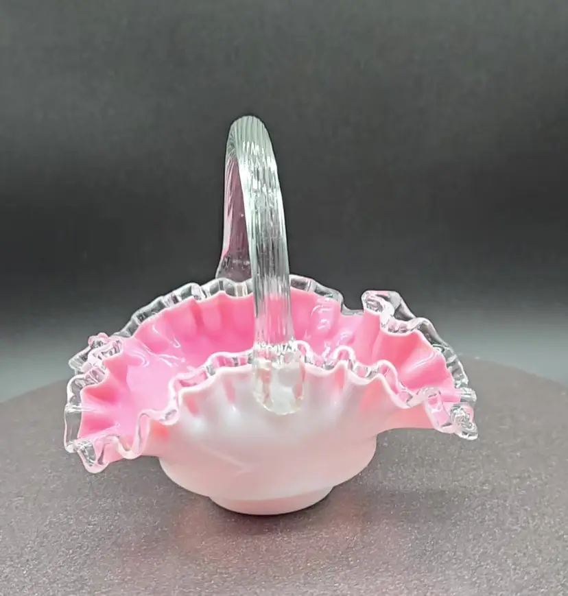 Fenton Pink Ruffled Cased Glass Basket. 5.75" × 4.25" × 5.25" tall.
