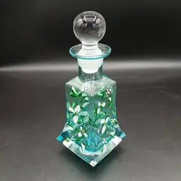 Teal Glass Decanter With Hand-Painted Florals