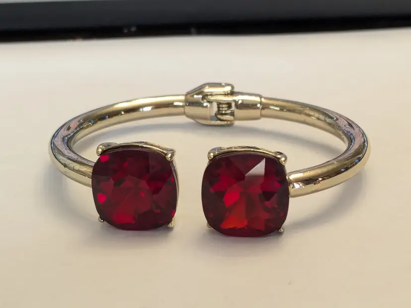 Cache Gold Tone Red Faceted Rhinestones Hinged Bracelet NWOT