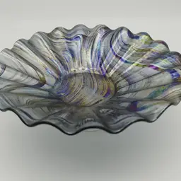 Vintage Studio Art Glass Iridescent "Smoke" Ruffled Bowl – Signed BD 93 (Possibly Lin-Craft Studio)