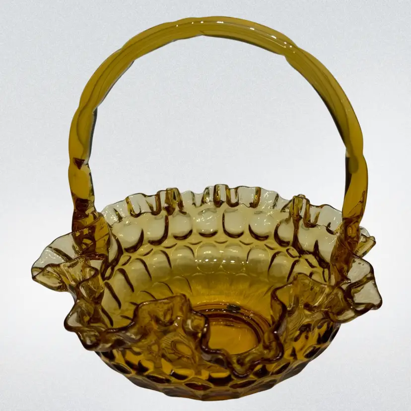 FENTON Thumbprint Basket Colonial Autumn Amber Glass Ruffled Crimped 8" VINTAGE