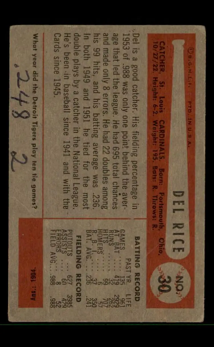 1954 Bowman #30 Delbert Rice Jr. - (pk-tl3) - St. Louis Cardinals