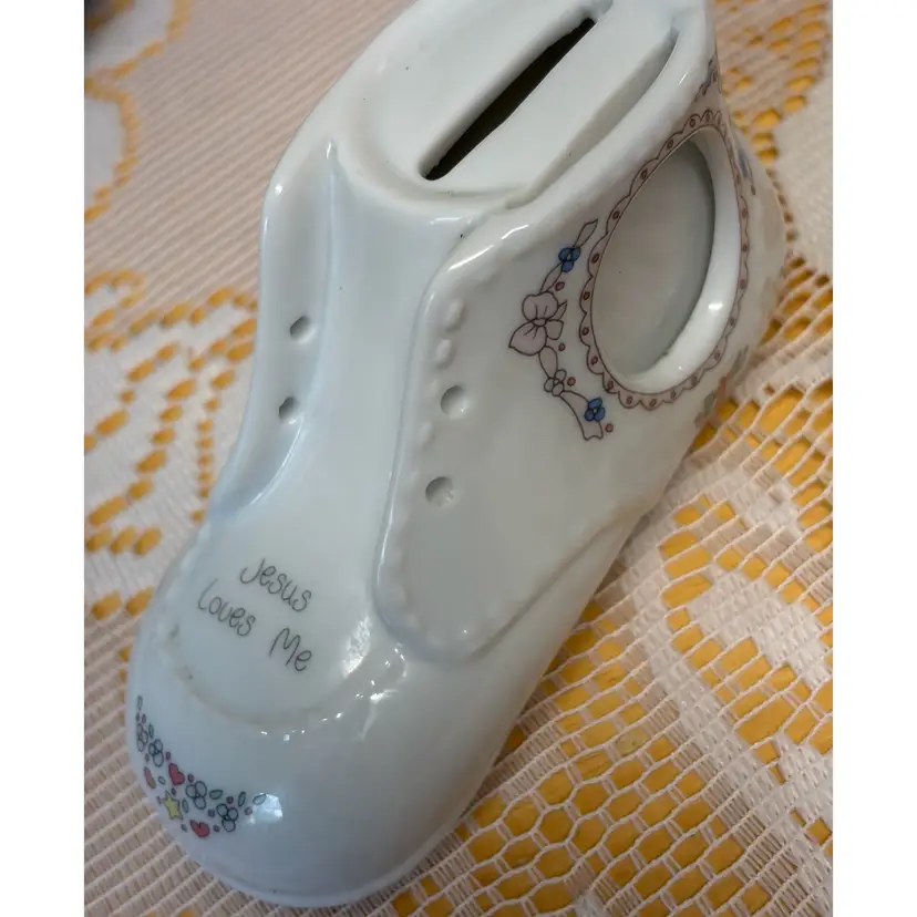 #2 Vintage Precious Moments Baby Shoe Bank - Place For Picture - “Jesus Loves Me” - 1st Choice Of Color Ribbon & Hand Crochet Bag -4.25”L x 1.5”w x 2.25”ht
