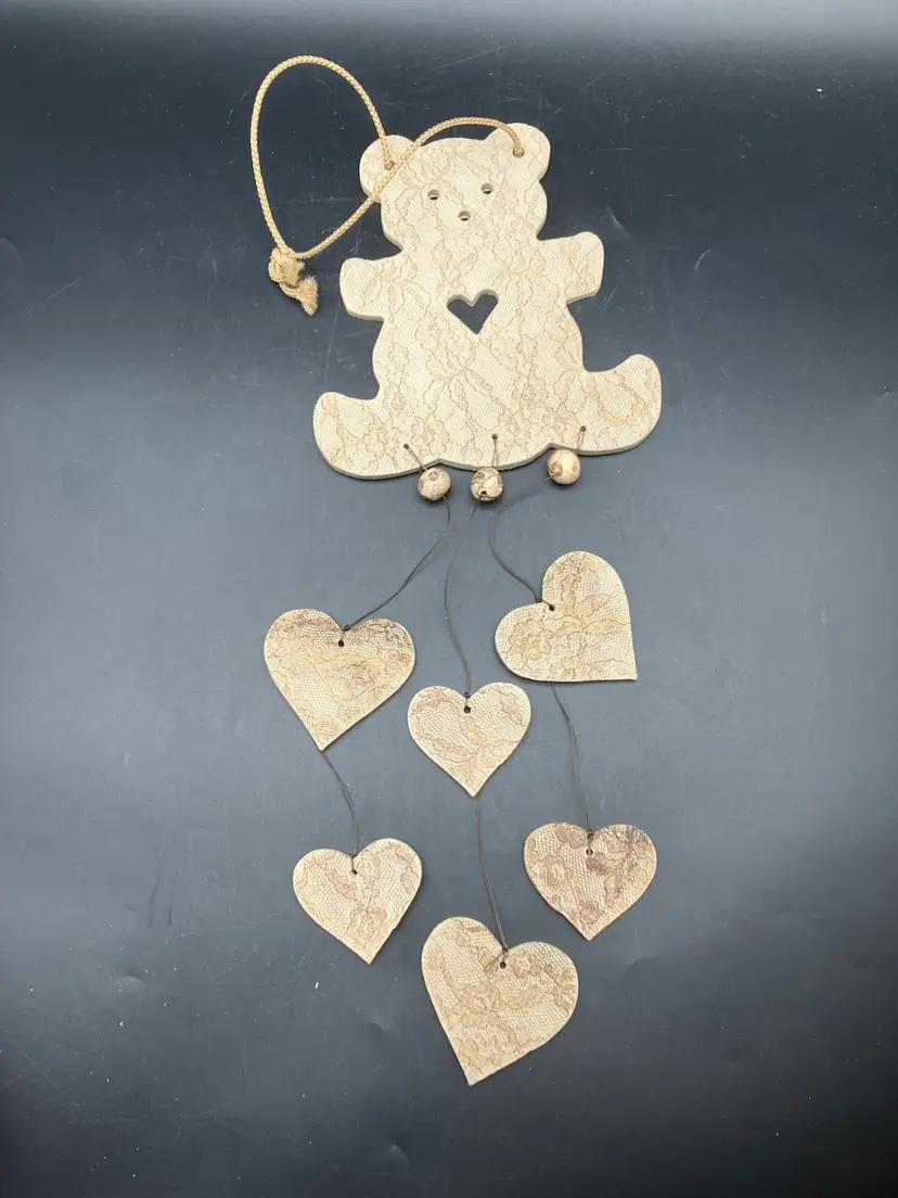 BIN - Studio Pottery Lace Impressed Teddy Bear Mobile Wind Chime 17”