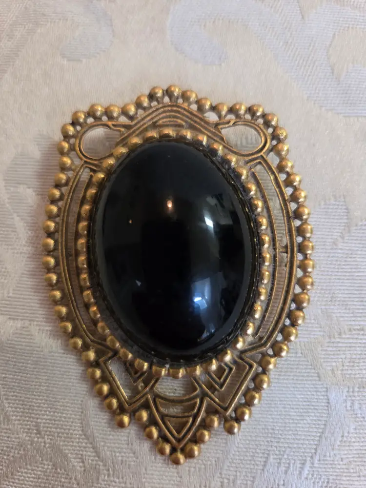 Vintage Victorian Style Gold Tone Shield Shape with Black Center Brooch