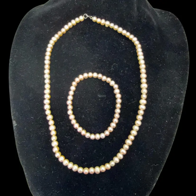 FAS Sterling Silver Ringed Cultured Pearl Strand Necklace/Bracelet Set  925 Clasp