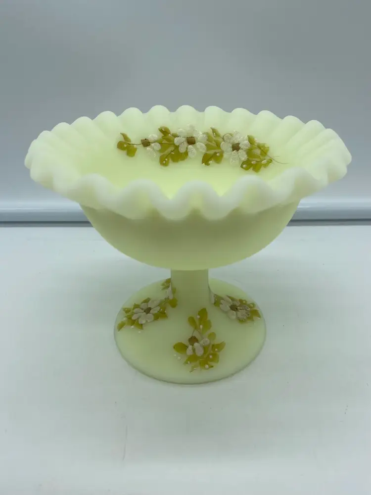 Fenton 4" Satin Custard Compote Hand Painted White Textured Flowers Signed GLOWS