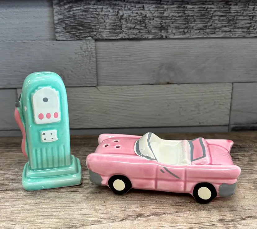 Vintage 1950s Style Pink Convertible and Gas Pump Salt And Pepper Shaker Set