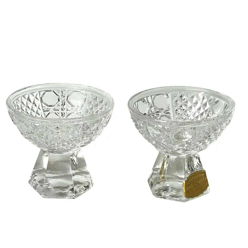 Set Of 2 Clear Lead Crystal Glass Hexagonal Footed Open Salt & Pepper Cellars Germany 2.2 in Diameter