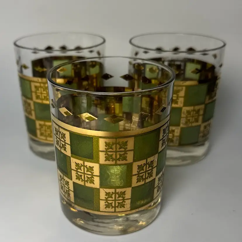 Culver Prado Mid Century Lowball Glasses 4”Vintage Gold/Green Barware Glasses Set/3