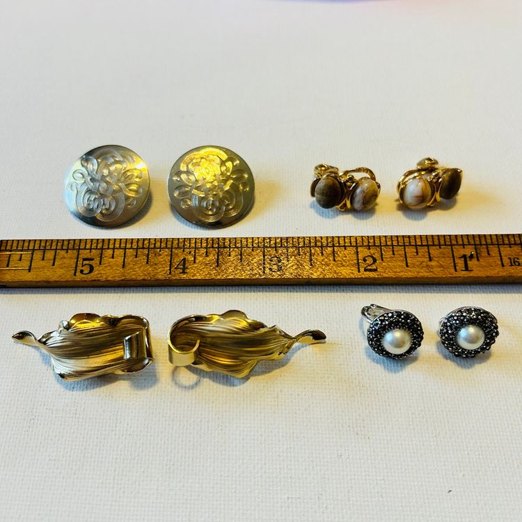 Set Of 4 Vintage Unsigned Clip-On  Earrings - Scroll Etched, Textured Leaf, Faux Pearl Button, Natural Stone & Acrylic