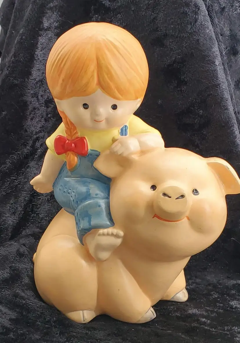 Vintage 1983 Enesco Katie Riding a Pig Country Cousins Ceramic Coin Bank