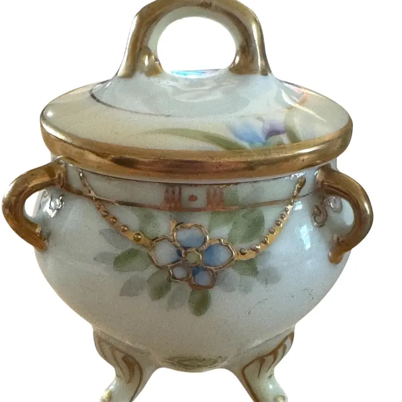 FFFT03 White Blue Green Florals/gold Trim 3-footed Trinket Dish With Lid , Marked “Hand Painted Nippon “ Unauthenticated, Sold As Is