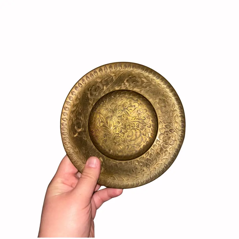 Vintage Etched Brass Pedestal Compote Bowl