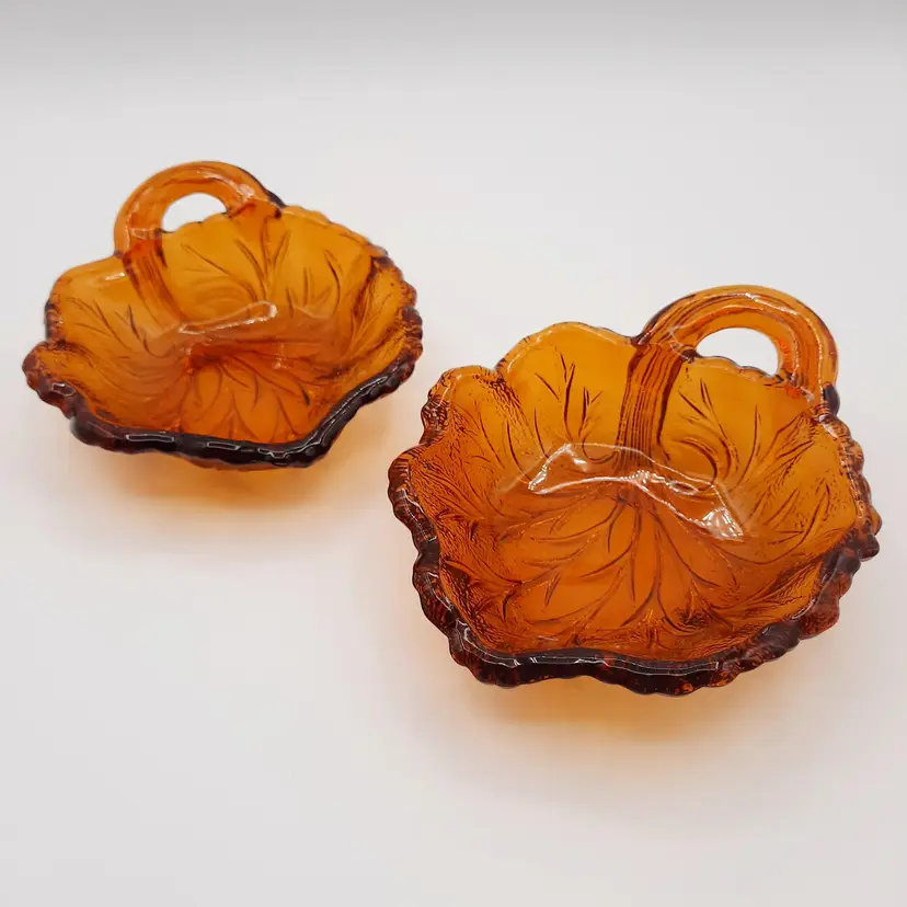 Vintage Amber Glass Fall Autumn Leaf Handled Dish Set Of 2