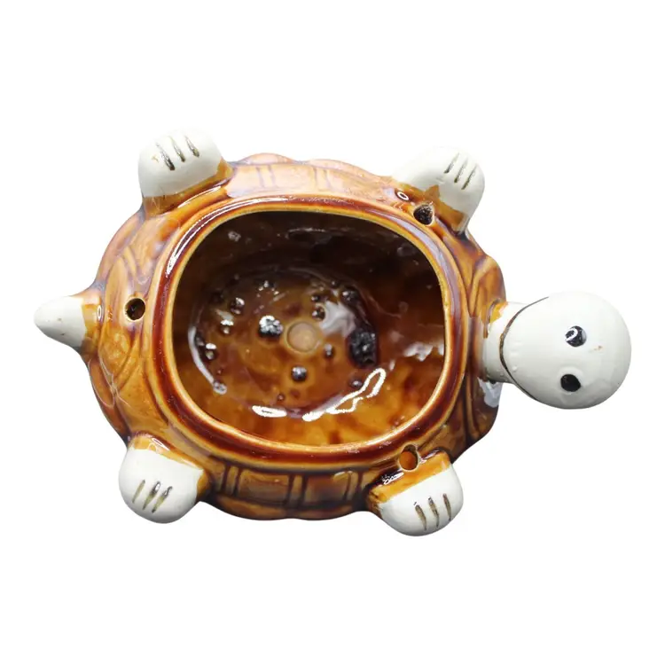 Vintage Ceramic Turtle Planter Brown & White Glazed Turtle Pot with Drain Hole 7 1/2”x4 1/2”x 3 1/2”