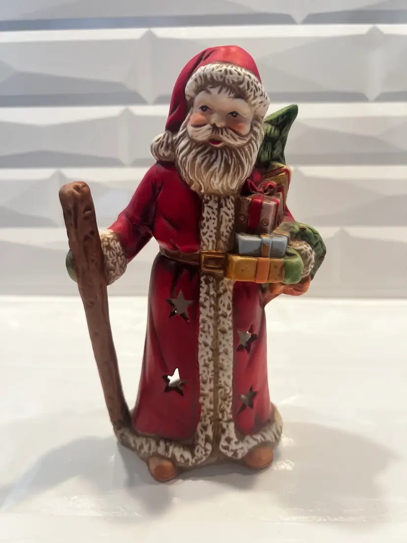 DEPT 56 Bisque Porcelain Santa Claus Figurine Candle Holder Star Cut Outs Taiwan