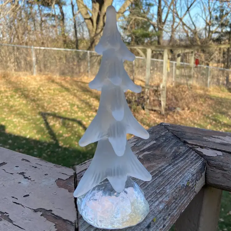 Frosted Glass Christmas Tree With Clear And Polished Glass Base. Clear. UV Reactive On Tree And Base. Unmarked. Resembles Examples By Reijmyre Sweden. 7.25”h.