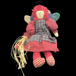 Vintage Raggedy Ann Fabric Folk Doll/Decor, Raffia Heart, Wings & Halo, 20"