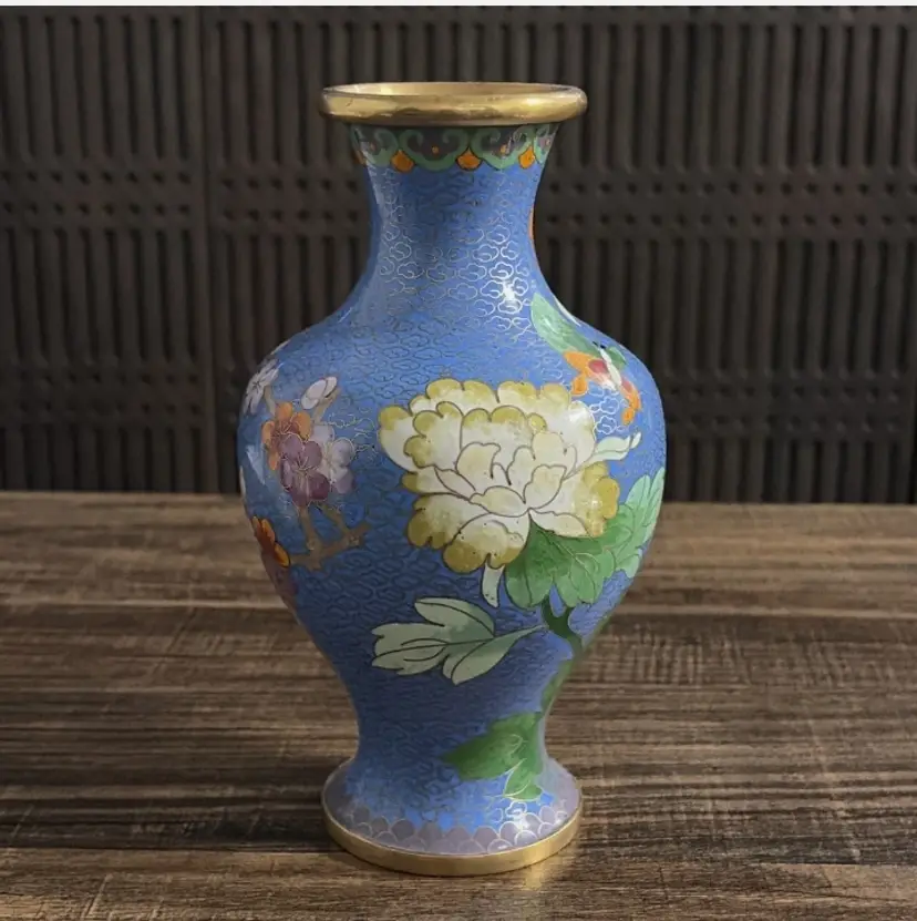 Chinese Cloisonné Vase Flowers And Butterflies Enamel Work 7"