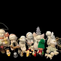 Box Lot Of Christmas Ornaments And Minis-21 Items Precious Moments, Wood Minis, Celluloid Mini, Porcelain Ceramic Etc