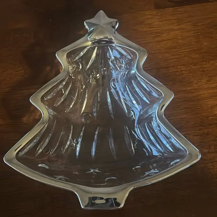 Studio Nova clear glass Christmas tree candy dish with silver trim. 6”