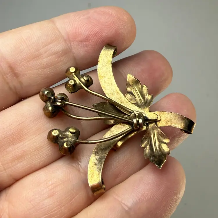 Vintage Gold Tone Floral Spray Bouquet Brooch Pin Dark Purple Rhinestones MCM