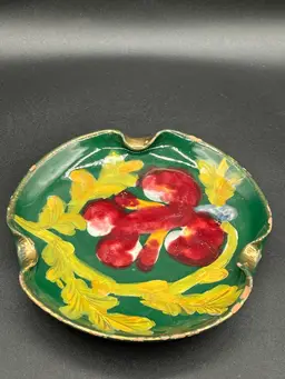 Marked Italian Redware Pottery Hand Painted Green Abstract Ashtray 5.75” READ