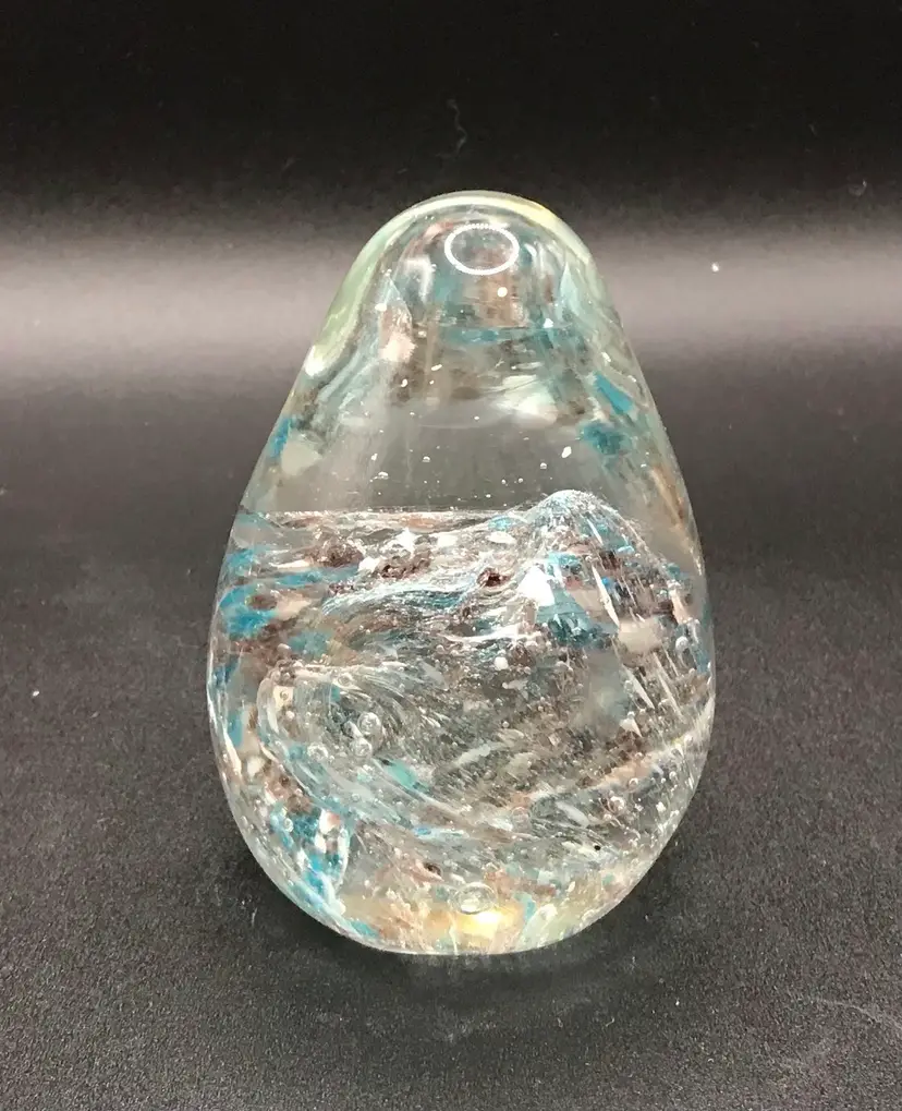 VTG Egg-shaped Art Glass Paperweight Light Blue Decorative Ocean Wave Swirl