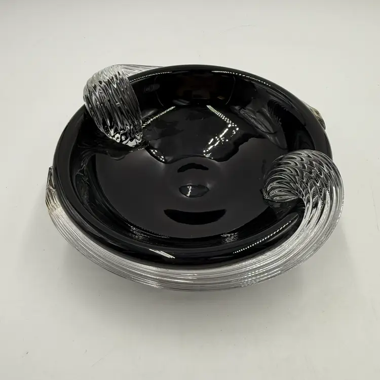 Art Deco Style Hand Blown Black Glass With Applied Clear Ribbed Wrap Vintage Dish