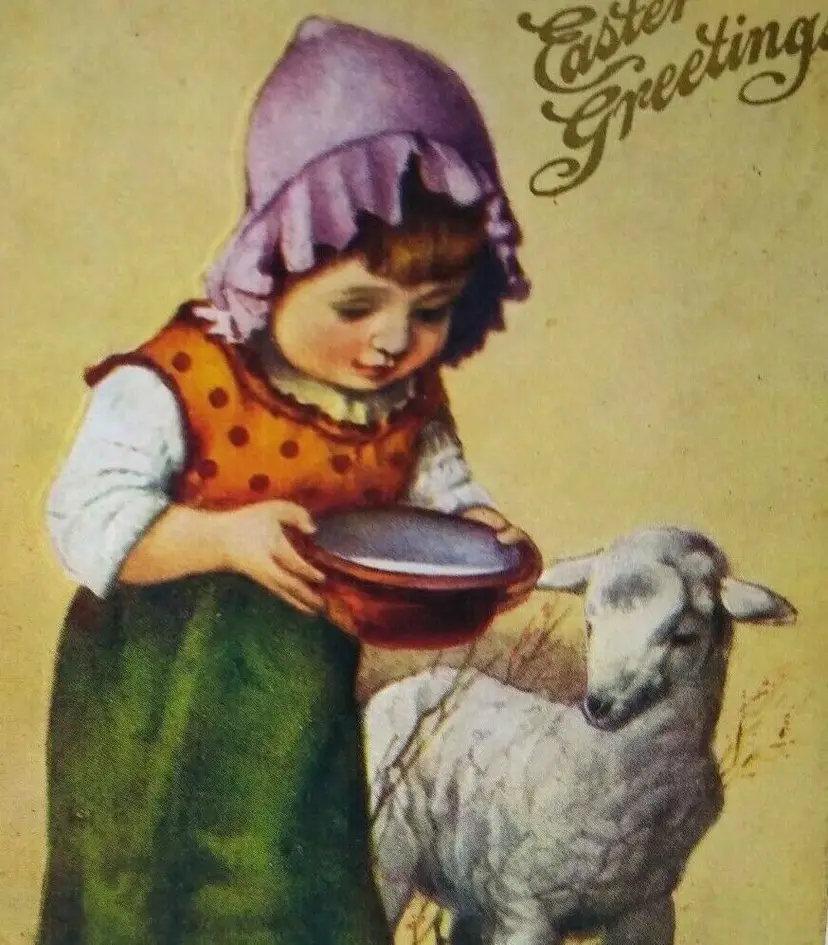 Easter Postcard Purple Bonnet Child With Baby Lamb Vintage Original Antique