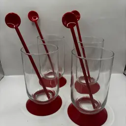 VERY RARE Bodum Red Base High Ball Glasses W/ Matching Swizzle Sticks VTG MCM