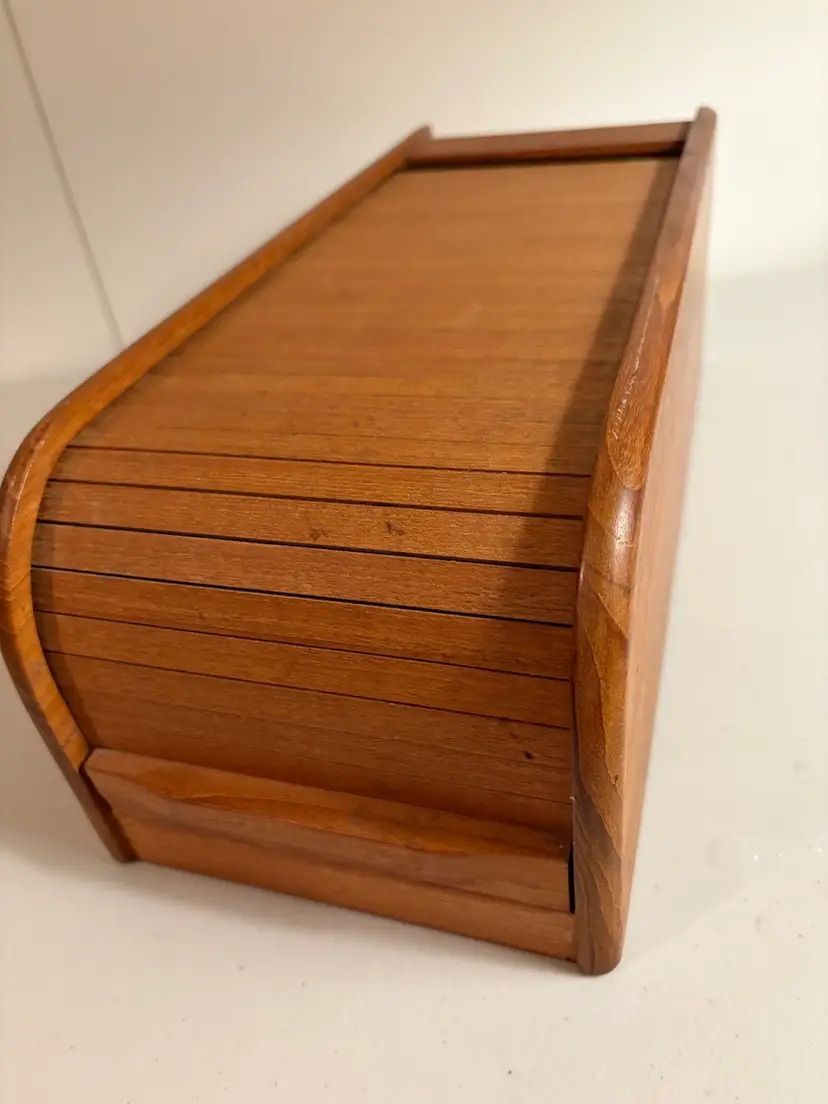 Vintage Teak MCM Rolltop File Box Recipes Card Roll Top Desk Organizer 14X6